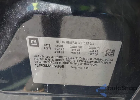 2015 Chevrolet Cruze 1Lt Auto из США, поврежденный, VIN 1G1PC5SB6F7269968